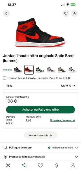 Jordan 1 retro satin bred taille 42 comme neuve