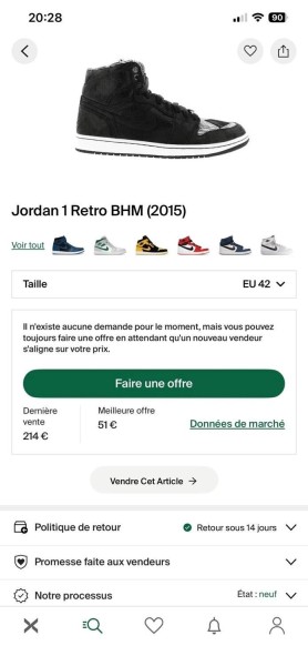 Jordan 1 Retro BHM (2015) taille 42 comme neuve