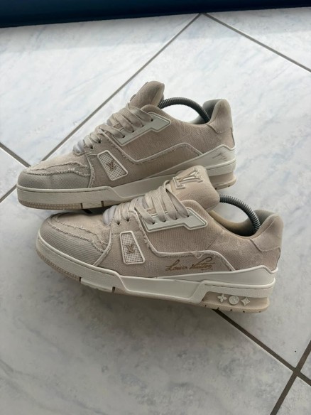 Louis vuitton lv trainer tissu crème beige taille 7 42-42,5