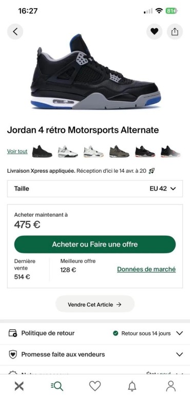 Jordan 4 retro motorsports alternate taille 42 2
