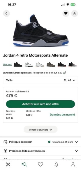 Jordan 4 retro motorsports alternate taille 42