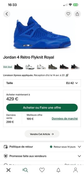 Jordan 4 IV Retro Flyknit royal blue taille 42 comme neuve