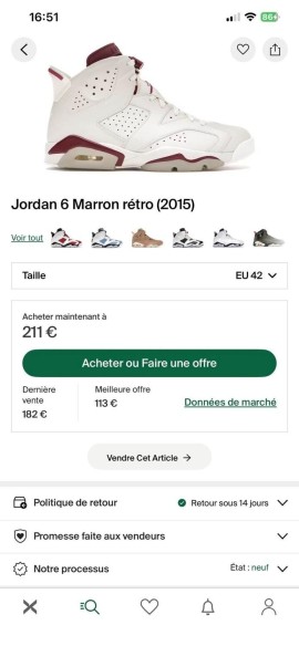 Jordan 6 VI Retro maroon (2015) taille 42 comme neuve
