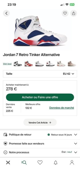 Jordan 7 VII Retro Tinker alternative taille 42 neuve