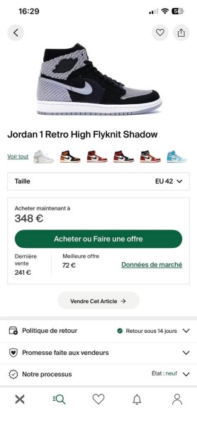 Jordan 1 retro flyknit shadow grey taille 42 comme neuve