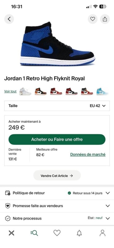 Jordan 1 retro flyknit royal blue taille 42 comme neuve 2